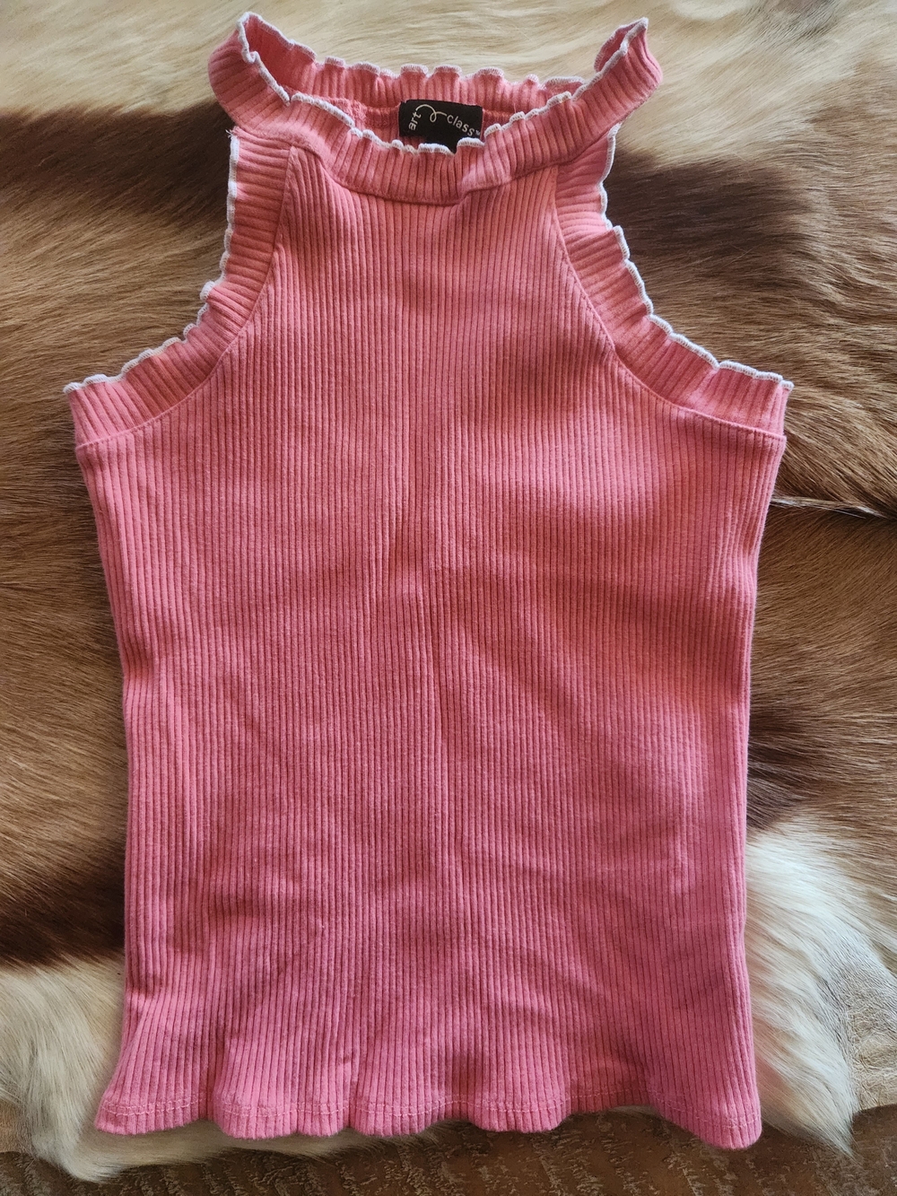 art class Pink Ribbed Ruffle-Trim Mock Neck Tank